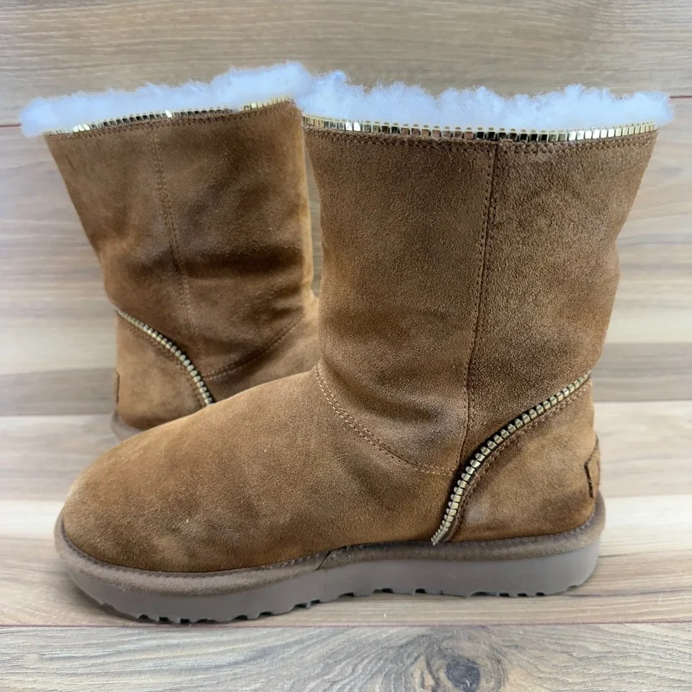 UGG‎ Florence Zip Short Boots Womens 7 Chestnut Suede Shearling Fur Lined